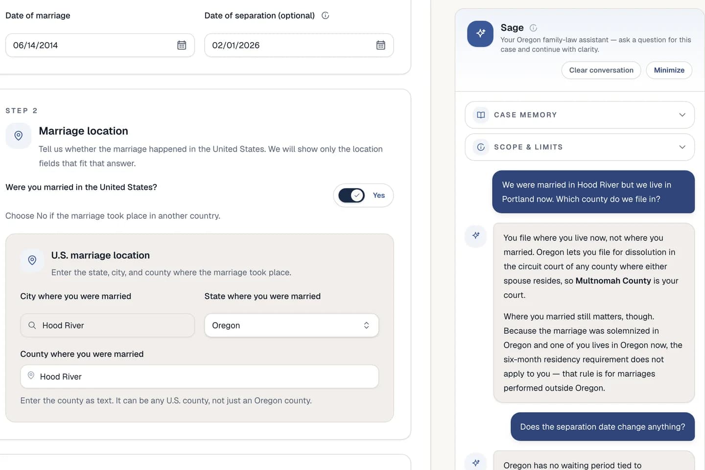 The Sage guided-support panel answering an Oregon filing-county question beside the marriage step of the interview, with the filer's saved answers alongside