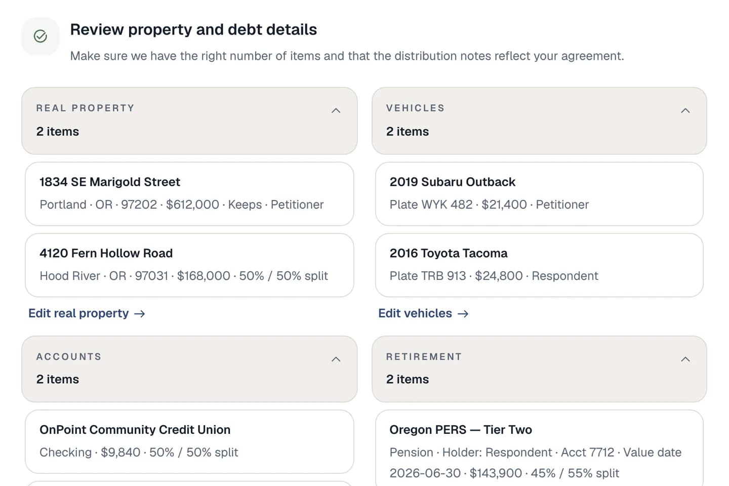 Unlink Legal property division review board listing real property, vehicles, accounts and retirement with values and percentage splits between the parties